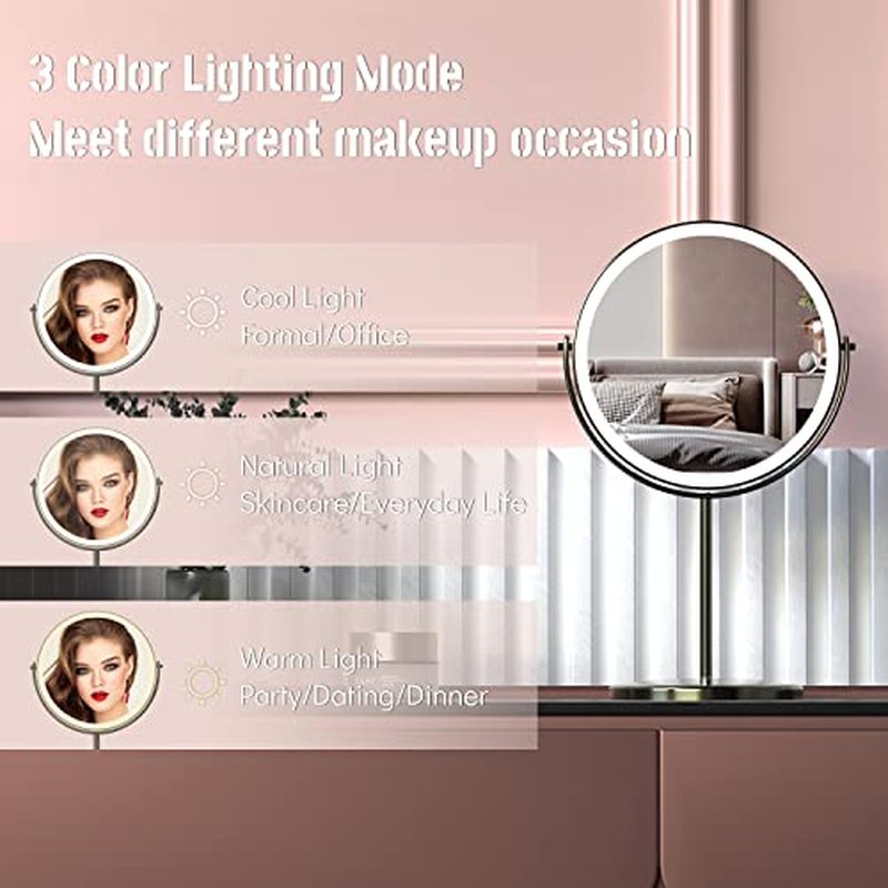 8" Lighted Makeup Mirror with Magnification, 1X/10X Magnifying Lighted Vanity Mirror, Double Sided 360 Swivel USB Rechargeable, 3 Colors Dimmable Lightning Mirror with 52 LEDs Brush Nickle