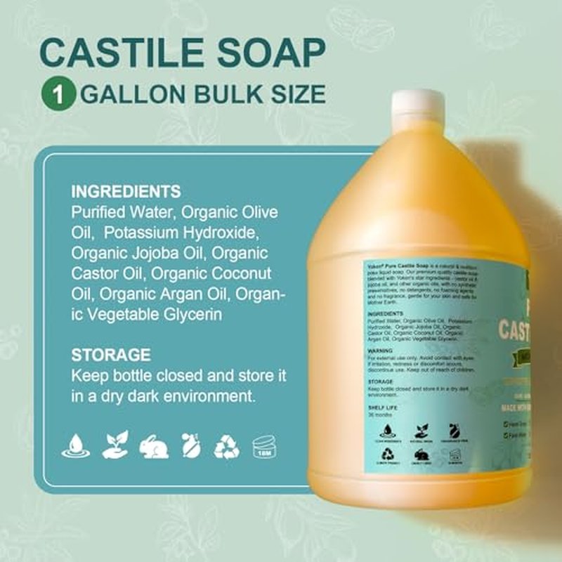 Yoken Pure Castile Liquid Soap Organic (EWG Verified, Unscented, 8 OZ), Made with Organic Oils, No Added Fragrance, Vegan, Castile Soap Liquid for Face, Laundry, Dishes, Sensitive Skin, Travel Soap