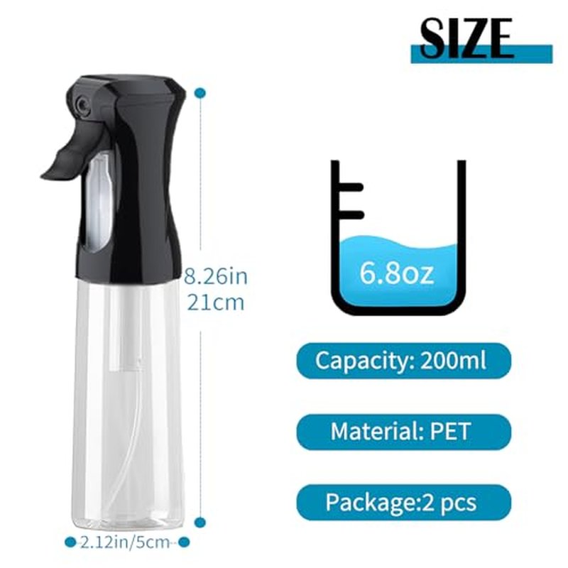 THINTON 2 Pack Continuous Spray Bottles for Hair - 6.8oz/200ml Ultra Fine Mister Spray Bottle (White & Black)