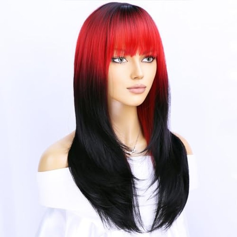 BERON Black Red Women Wigs Long Wavy Wig with Bangs Ombre Color Curly Synthetic Layered Wigs for Daily Used Wigs Wig Cap Included