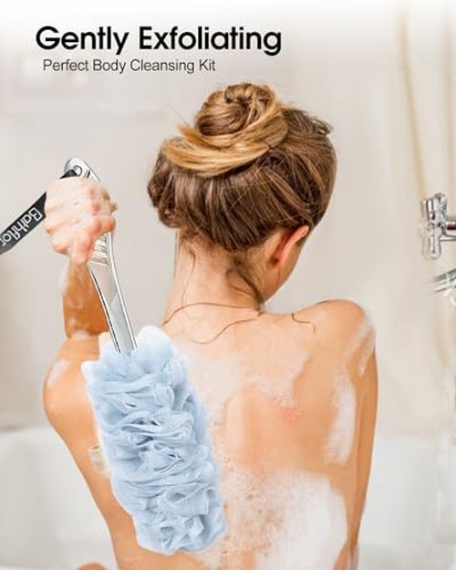 Bathflor Shower Loofah Sponge Exfoliating Body Scrubber 80g, Charcoal Loofa for Women & Men Bath Wash: 1 Long Handle Back Brush Plus 4 Packs Extra Large 80g Soft Mesh Luffa Poufs, 1 Lufa Hook (4Color)