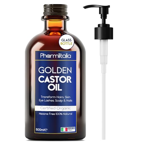 Pharmlitalia Organic Golden Castor Oil Cold Pressed Unrefined Glass Bottle - Hexane free Golden Castor Oil for face, hairs, Eyelashes, Skin care and Nails - 500ml