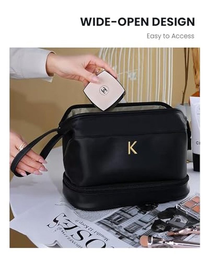 Vogewood Initial Makeup Bags for Teens Girls, Personalized Double Layer Cosmetic Bag with Makeup Brush Organizer, Large Capacity PU Leather Travel Toiletry Bag, Gifts for Friends Female Mom