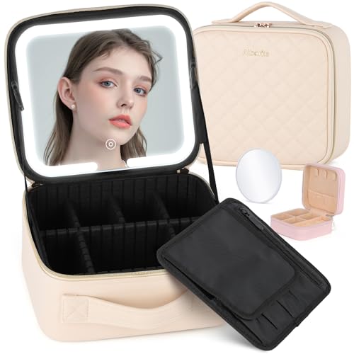 Aiborke Travel Makeup Bag with Led Mirror Make up Case with Lighted Mirror Cosmetic Organizer bag with Adjustable Dividers and 5X Magnifying Mirror Makeup Box Organizer Vanity Case for Women (Beige)