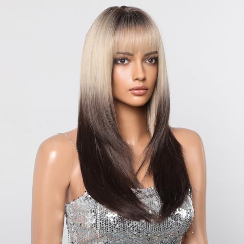 testar Ombre Blonde Black Wigs for Women Long Layered Straight Wigs With Bangs Heat Resistant Fiber Synthetic Wigs for Party/Halloween Use