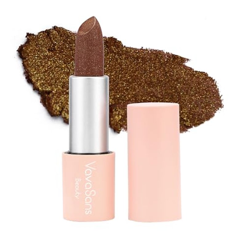 VavaSans Vegan Glitter Lipstick Brownstone Shimmer Metallic Sparkling Dark Brown Shade Long Lasting Waterproof Non-Sticky Formula Diamond Shiny Highly Pigmented Lip Stick for Women