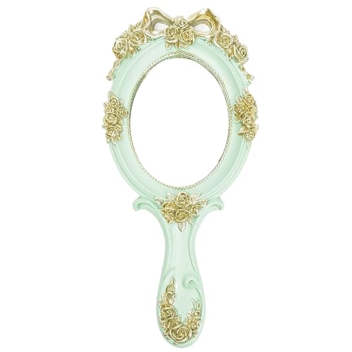 Nerien Handheld Mirror Vanity Makeup Mirror Travel Princess Metal Cosmetic Mirror Portable Oval Embossed Rose Mirrors Decorative Desk Girl Student Vintage Beautiful Handle Mirrors Blue-3