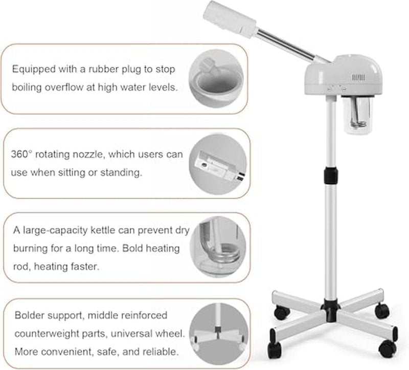Professional Ozone Facial Steamer with Hot Mist Function, Stand Facial Steamer On Wheels, Height Adjustable & 360° Rotatable Nozzle, Use at Home & Salon SPA