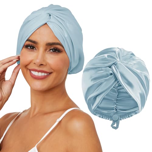 HFRHTGY Adjustable Silk Satin Hair Bonnet for Sleeping, Double Layer Hair Wrap Sleep Cap Turban for Women Men, Curly Straight Hair Long Large Braid Unisex (Aqua Blue 81)