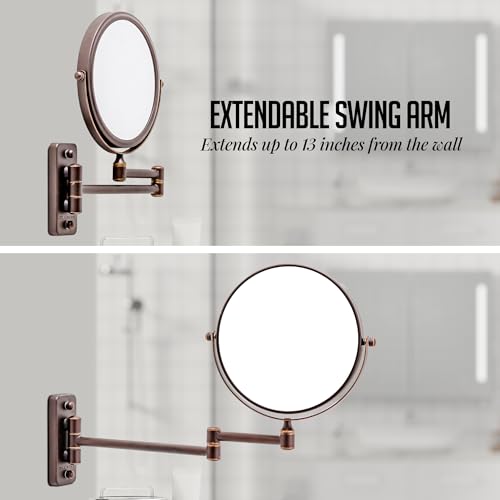 OVENTE 7" Wall Mounted Makeup Mirror with 1X/10X Magnification, Double Sided Magnifying Round Bathroom Vanity Mirror, 360° Swivel Design, Extendable and Folding Arm, Nickel Brushed MNLFW70BR1X10X