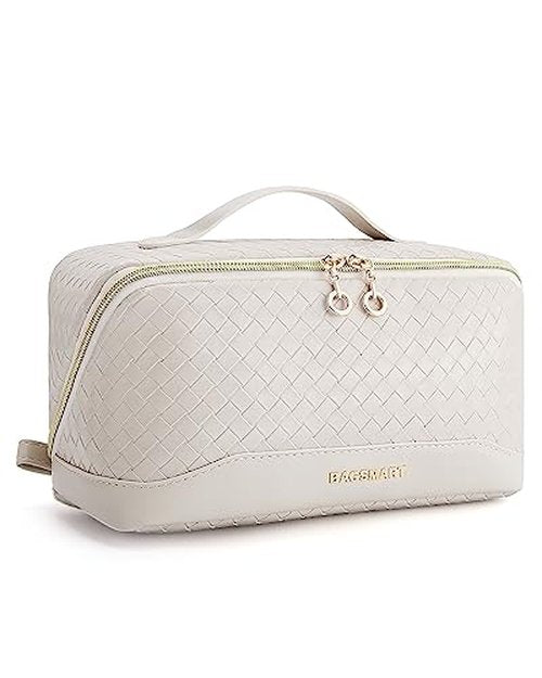 BAGSMART Makeup Bag Cosmetic Bag, Travel Makeup Bag, PU leather Makeup Bags for Women Portable Water-resistent Pouch Open Flat Make Up Organizer Bag for Toiletries, Brushes, Leather Black