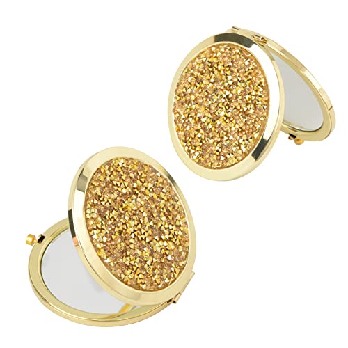 oaiqiy Compact Mirror, Handheld 2.75 Inch Travel Makeup Mirror, 1X/2X Magnifying Round Pocket Makeup Mirror(Gold, 2 Pieces)