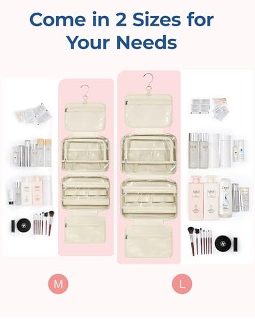 BAGSMART Travel Toiletry Bag with Jewelry Organizer, Hanging Travel Bag for Toiletries, Puffy Makeup Cosmetic Bag Organizer, Carry-on Travel Accessories Essentials, Beige-L