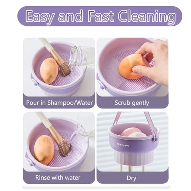 Makeup Brush Cleaning Set Makeup Brushes Cleaner Holder 3 in 1 Portable Cleaning Tool for Brushes, Powder Puffs, and Sponges with Bowl, Holder & Mat(apricot)