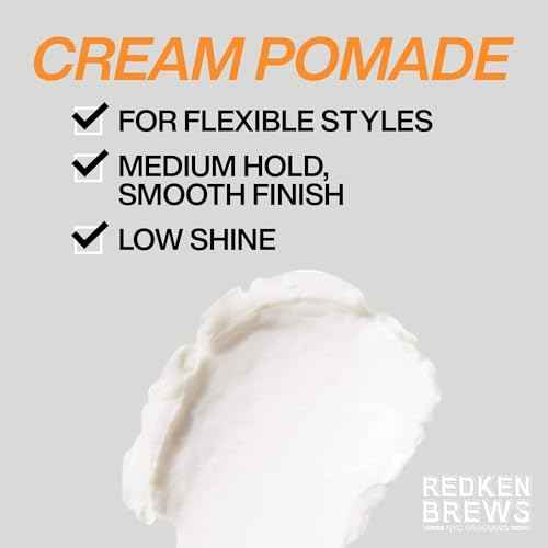 Redken Brews Cream Pomade For Men - Provides Medium Hold With Natural and Smooth Finish With Low Shine, For All Hair Types