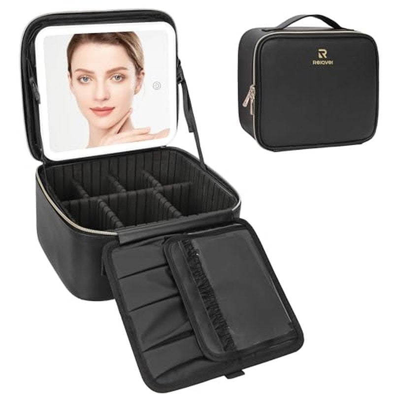 Relavel Makeup Train Case With LED Mirror, Professional Travel Cosmetic Bag with Removable Partitions, 2-Layer Makeup Bag, 3 Color Brightness Makeup Organizer, Rechargeable Vanity for Women, Pink