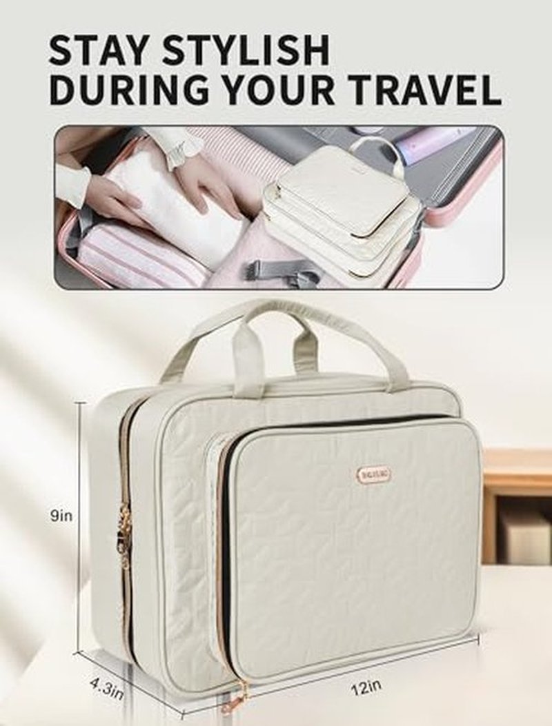 BALULHG Travel Toiletry Bag for Women Large Capacity with Hook - Portable Cosmetic Case,Hanging Makeup Bag for Full Sized ToiletriesTravel Essentials for Business Trips and Camping Beige