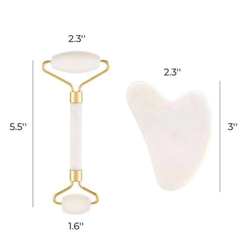 Gua Sha Facial Tools & Jade Roller for Face, Eye & Neck Skin Care, 100% Natural Jade Stone Face Roller Gua Sha Massage Tool, Eye Roller for Puffy Eyes, Facial Self Care Kit for Women (White)