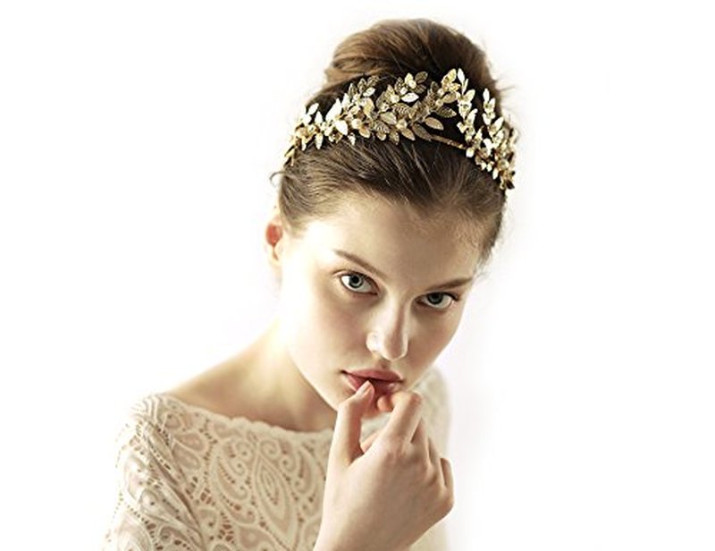 OUMOU The White Ribbon at the 2 Ends for Tying a Bow Hair Accessory Roman Goddess Leaf Branch Dainty Pearls Bridal Headpiece Head Dress Boho Alice Band with Crystal (Rose Gold, 16")