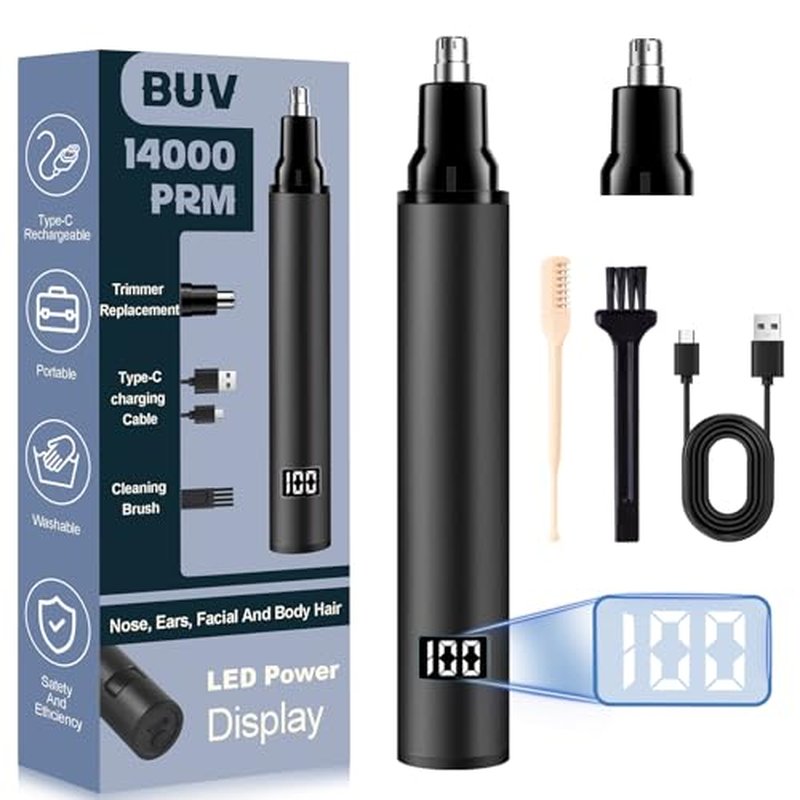 Ear & Nose Hair Trimmer with LED Display for Men and Women - 2024 Professional Painless USB Rechargeable Facial & Nose Hair Trimmer Clipper – 14,000 RPM IPX7 Waterproof Dual Edge Blades, Black