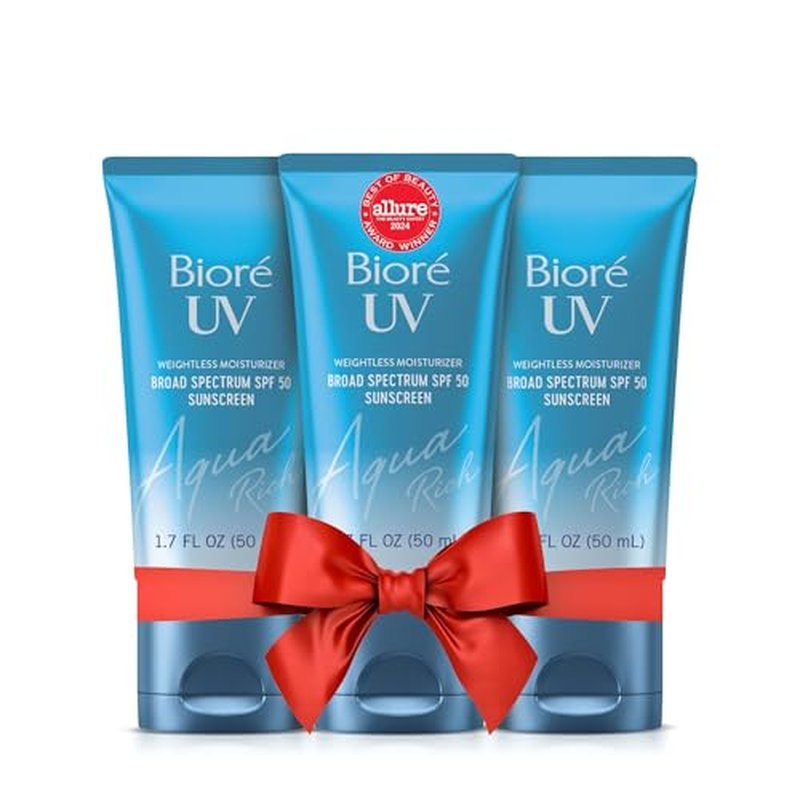 Biore UV Aqua Rich SPF 50 PA++++ Daily Moisturizer Sunscreen for Face, For Sensitive Skin, Oil Free, Hyaluronic Acid, Vegan, Oxybenzone & Octinoxate Free, Dermatologist Tested, 1.7 Oz/3pk