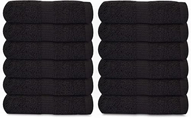 GOLD TEXTILES 100% Cotton Washcloth - 12 Pack | 13x13 inches | Black - Ultra Soft, Highly Absorbent, Long Lasting and Quick Drying - Hotel & Spa Collection Cool Feel Fingertip Towels