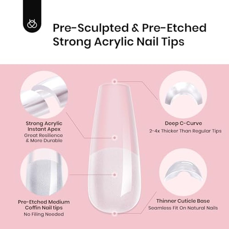 Beetles Tipex Instant Apex Nail Tips, Short Coffin 192 Pieces Pre-Building & Pre-Etched Thicker Acrylic Nail Tips - Upgraded with 16 Sizes for Flat Nails Press on Nails