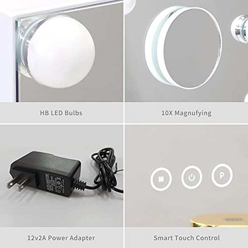 NUSVAN Vanity Mirror with Lights Lighted Makeup Mirror with Dimmable LED Bulbs,3 Color Lighting Modes,USB Charging Port Touch Control,Sturdy Metal Frame Design,White (50x40cm, 4.70)