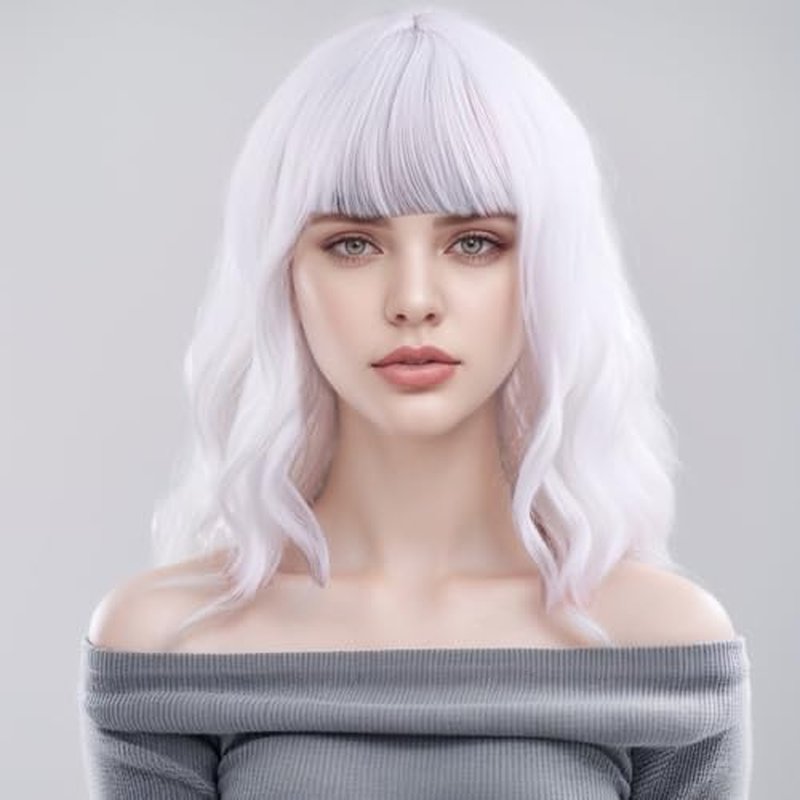 WTHCOS White Wig Short Bob Wig Short White Wig With Bangs Curly Wavy White Wig for Women Heat Resistant Synthetic Hair Wigs for Daily Use Cosplay Wig With Wig Cap