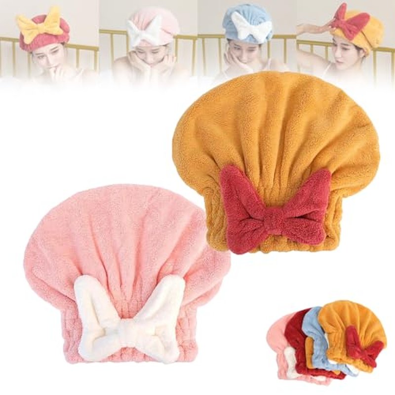 Probablei New Super Absorbent Hair Towel Wrap for Wet Hair,Microfiber Hair Drying Caps,Efficient Hair Towel,Absorbent Hair Towel Wrap with Bow,Fast Drying Cap for Curly Long Thick Hair (2pcs-4)