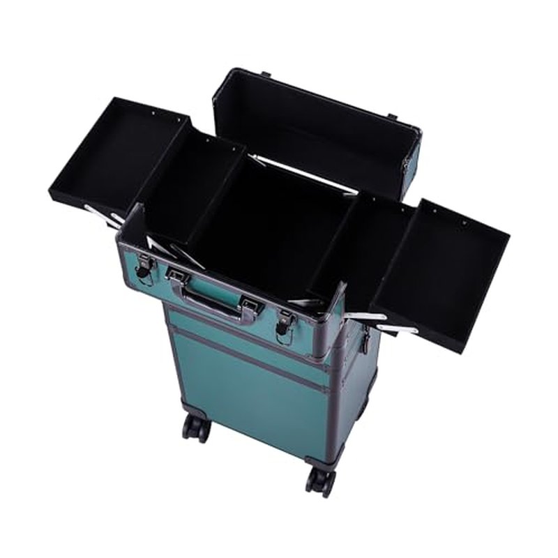 4 in 1 Rolling Makeup Train Case, Professional Aluminum Makeup Travel Organizer Cosmetic Case, Cosmetology Caboodle Case on 360° Wheels, Beauty Storage Luggage Lockable(Dark Green)