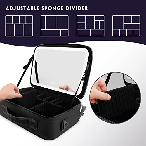 Smacen Large capacity Cosmetics Train Case with LED Lighted Mirror Rechargeable 3 Color Lights Adjustable Brightness Portable Makeup bag with Adjustable Dividers and Shoulder Straps (Black)