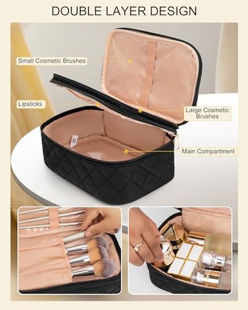 Relavel Clear Makeup Bag, Small Make Up Bag, Makeup Brush Organizer, Dual Layer Storage Bag for Women, Travel Toiletry Bags, Compact Cosmetic Bag, Rose Gold