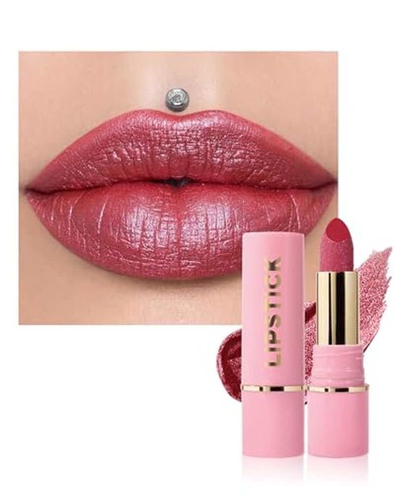 Glitter Metallic Rose Nude Shimmer Lipstick Long Lasting, High Shine Glitter Diamond Creamy Red Lipstick Transfer Proof Non-Stick Lip Gloss Shimmer High Impact Full Coverage Lip Makeup for Women-05