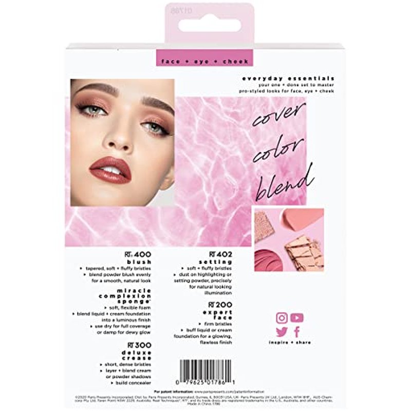 Real Techniques 5 Piece Everyday Essentials Makeup Brush Set, 4 Brushes & Makeup Sponge, For Foundation, Blush, Contour, Eyeshadow, & Powder, Travel Gift Set, Stocking Stuffer, Cruelty-Free & Vegan