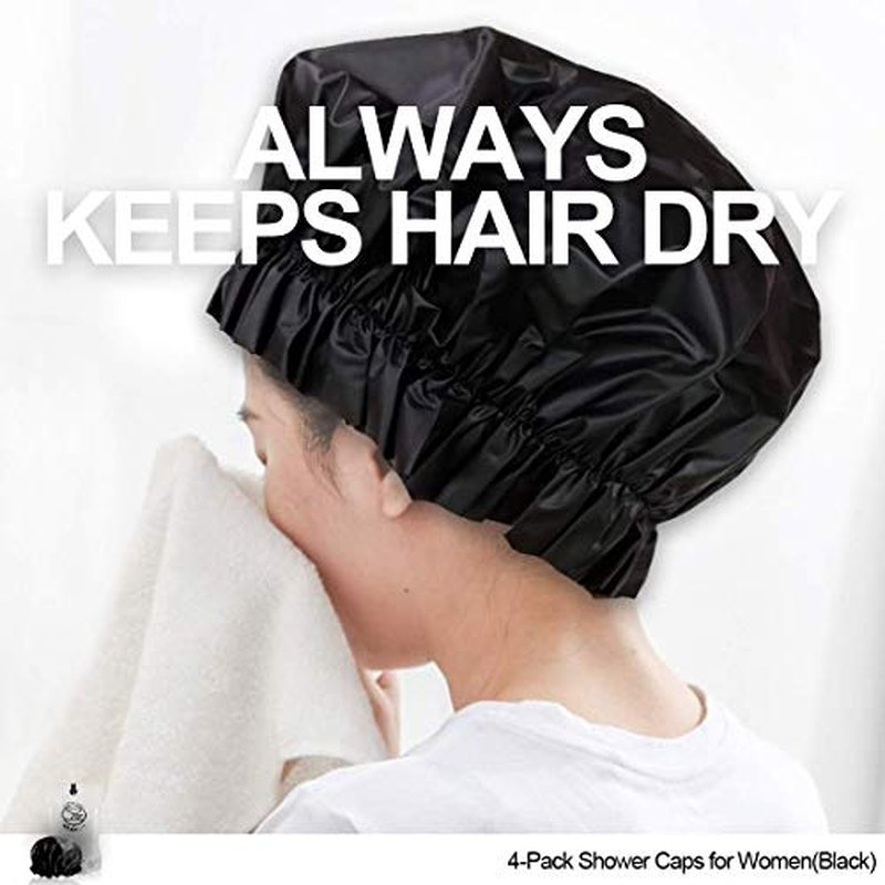 Shower Cap for Women Reusable Extra Large Shower Caps for Men Satin Double Layer EVA Waterproof Long Hair Caps(Baby Blue, Brown, Dark Grey, Green 4 Pack)
