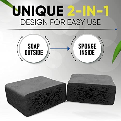 T.Taio Esponjabon Charcoal Soap Sponge - Cleansing Shower Scrubber - Cleaning Bath Wash Scrub - Oil Removal - Massage & Lather Foot, Elbow, & Face - Bathroom Accessories - Charcoal