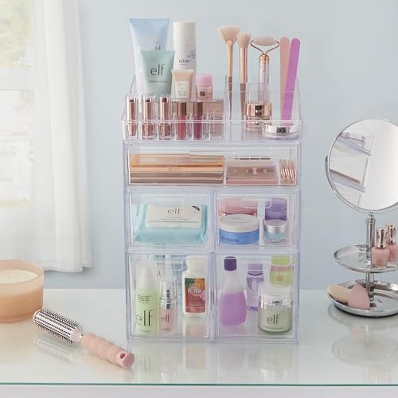 STORi Audrey Stackable Clear Bin Plastic Organizer Drawers | 2 Piece Set | Organize Cosmetics and Beauty Supplies on a Vanity | Made in USA