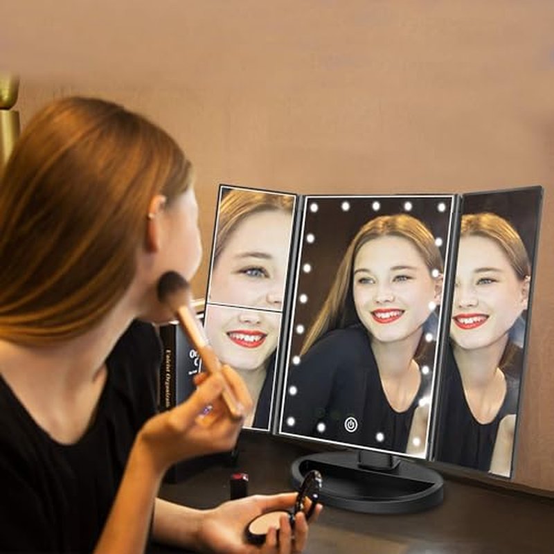 Flymiro Tri-fold Lighted Vanity Makeup Mirror with 3x/2x Magnification,21 LEDs Light and Touch Screen,180 Degree Free Rotation Countertop Cosmetic Mirror,Travel Makeup Mirror (Black)