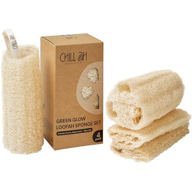 Chill Ah Green Glow Loofah Sponge Set – 100% Plant-Based, Dye-Free, Biodegradable, Scratch-Free, Handcrafted in Vietnam (2-Pack)
