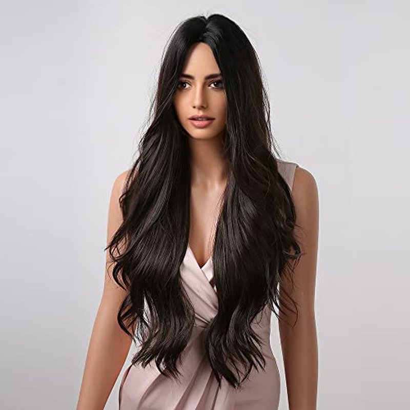 MAGQOO Black Wig for Women Middle Part Long Curly Wavy Black Wig Synthetic Heat Resistant