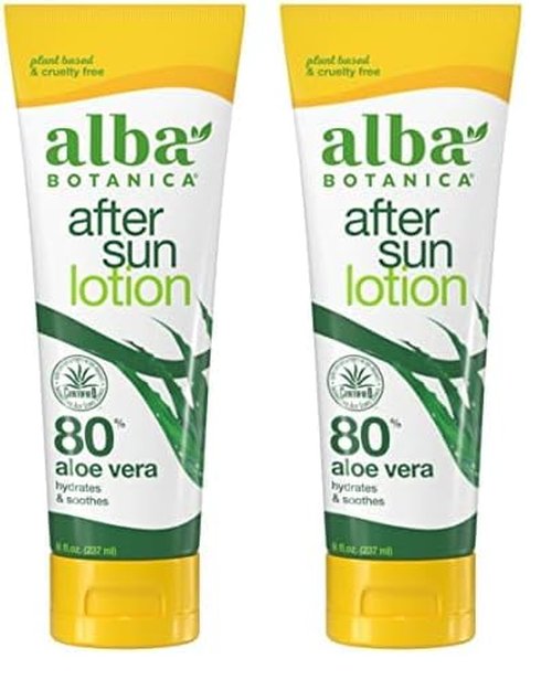 Alba Botanica Aloe Vera Lotion for Skin, Soothing After Sun Treatment for Face and Body, Made with Purity Certified 80% Aloe Vera Gel Formula, 8 fl. oz. Tube (Pack of 2)