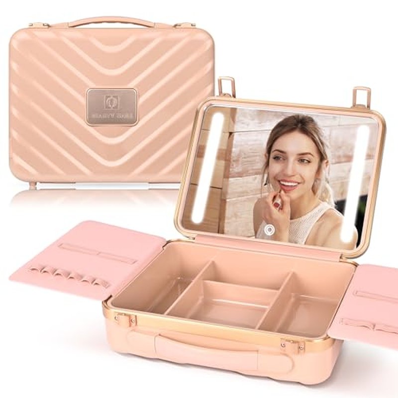 GGV Makeup Case With Lighted Mirror, Makeup Bag With Led Mirror 3 Color Setting Travel Makeup Train Case Adjustable Brightness (Pink)