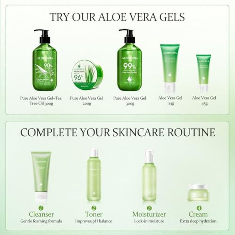 Aloderma 99% Organic Aloe Vera Gel Made within 12 Hours of Harvest - Lightweight, Non-Sticky Aloe Gel for Face Body, Hair, & Scalp, After Sun Relief, Natural, Soothing Hydrating Aloe Gel, 10.6oz