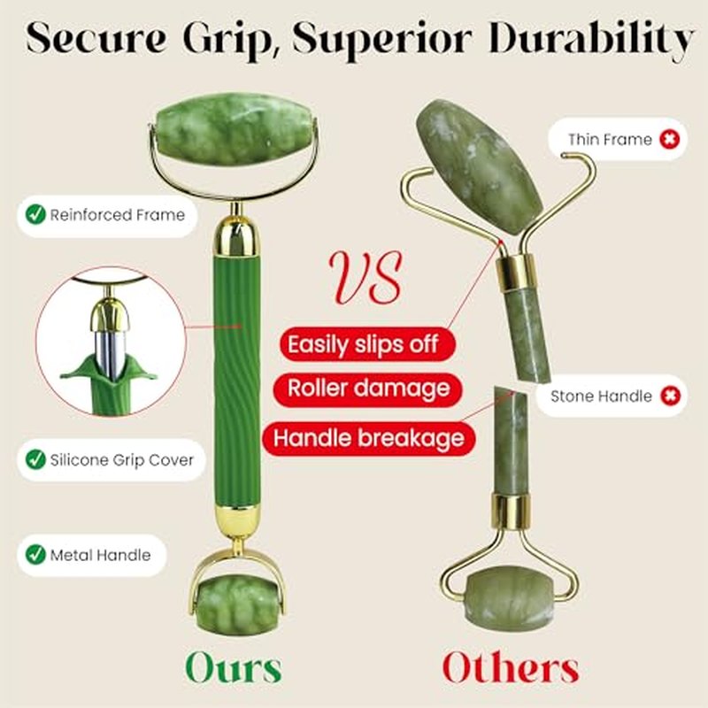 Rena Chris Face Roller & Gua Sha Set, Natural Jade Massage Tools for Jawline Sculpting and Puffiness Reducing, Beauty & Skincare