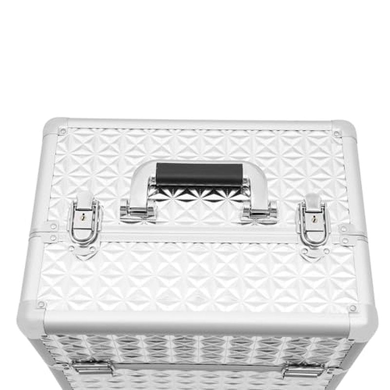 Rolling Makeup Train Case with Storage Sliding Drawer and Removable Divider, Lockable Cosmetic Travel Trolley Case with Wheels Salon Barber Travel Cart Trunk for Nail Tech Hairstylist (Silver)