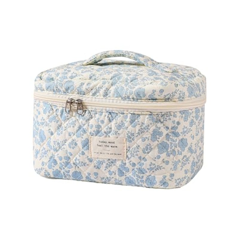 uekeboag Large Travel Quilted Makeup Bag for Women, Floral Cotton Cosmetic Bag, Coquette Aesthetic Floral Toiletry Organizer Bag(12Striated Cherry