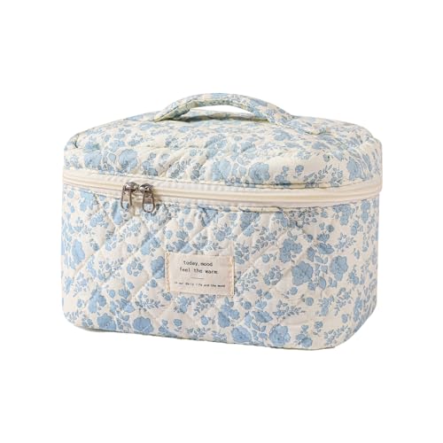uekeboag Large Travel Quilted Makeup Bag for Women, Floral Cotton Cosmetic Bag, Coquette Aesthetic Floral Toiletry Organizer Bag(12Striated Cherry