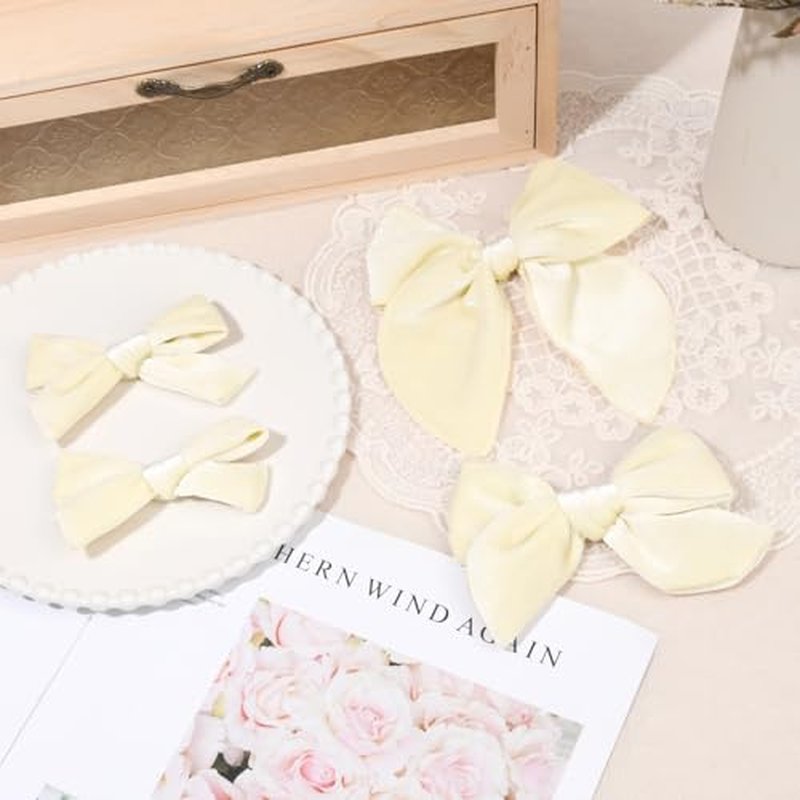 DEEKA 4 PCS Beige Velvet Hair Bows 3 Styles 5" & 4" Handmade Hair Bow set for Toddler Girls Alligator Hair Clips Knot Bows Hair Accessories for Little School Girls (Beige)