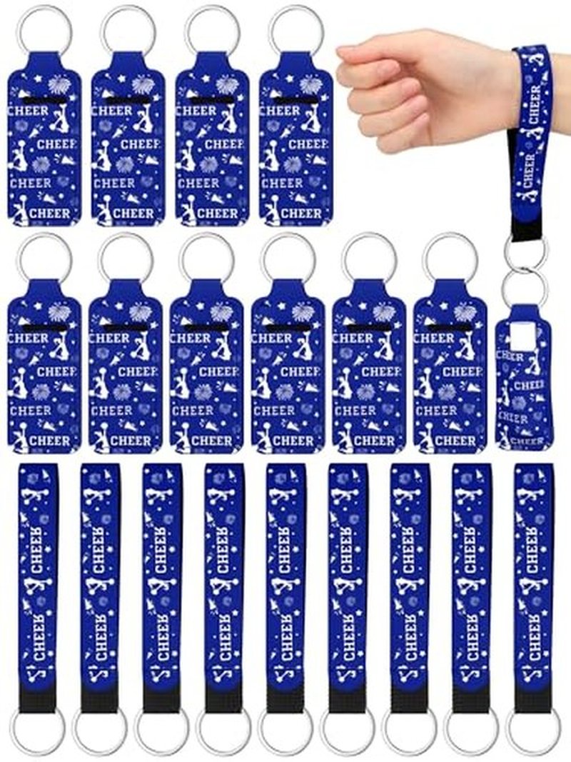 MotiMind 24 Pcs Cheer Lipstick Holder Keychains Lanyard Set Cheer Teams Gifts Cheerleaders Party Favors Cheer Theme Portable Lipstick Holder and Lanyard for Competitive Cheer Party Supplies (Blue)